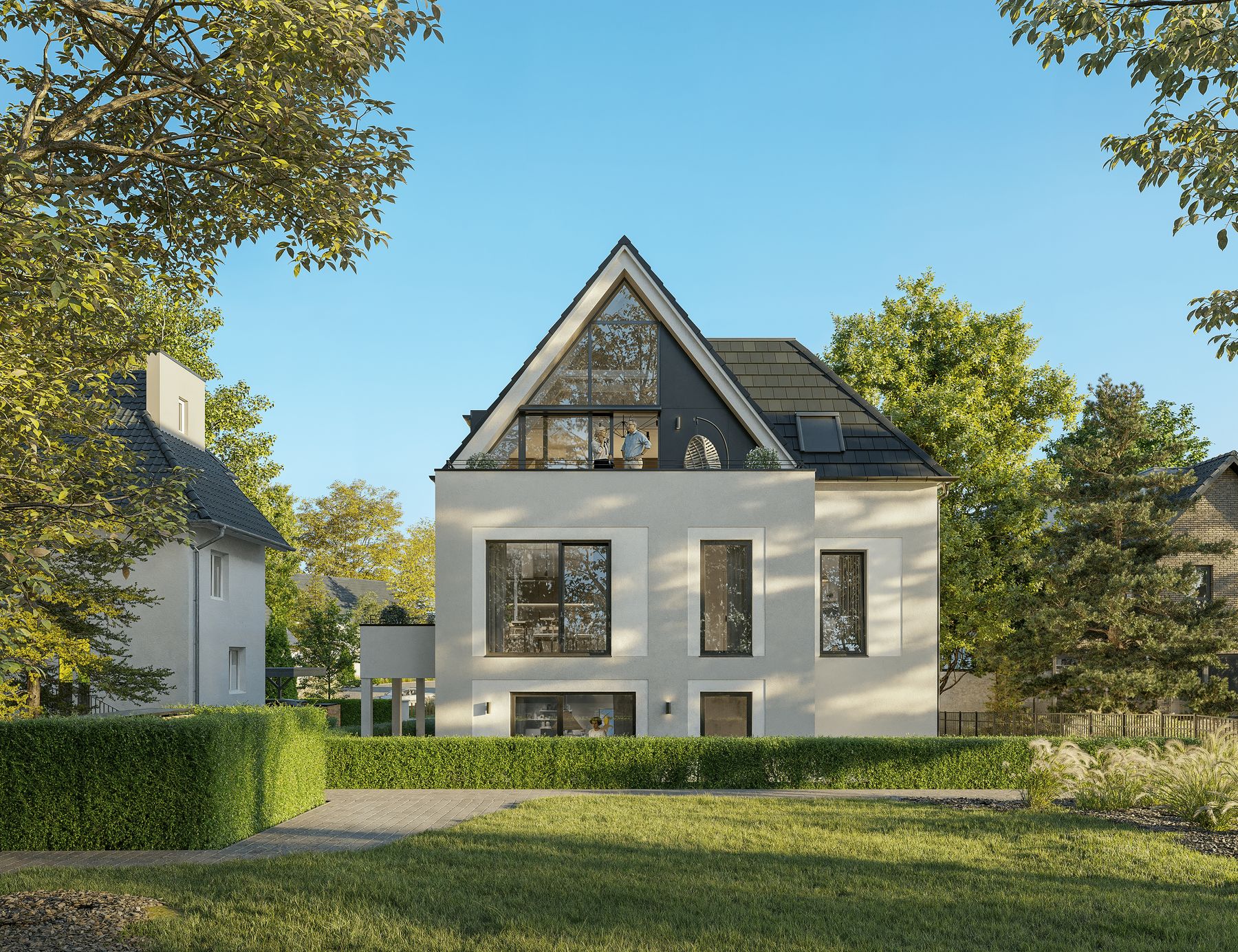 Gartenansicht: großer Glasgiebel mit Dachterrasse, Hecke und Rasen