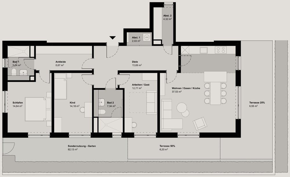Grundriss Wohnung 1, Erdgeschoss, 4 Zimmer