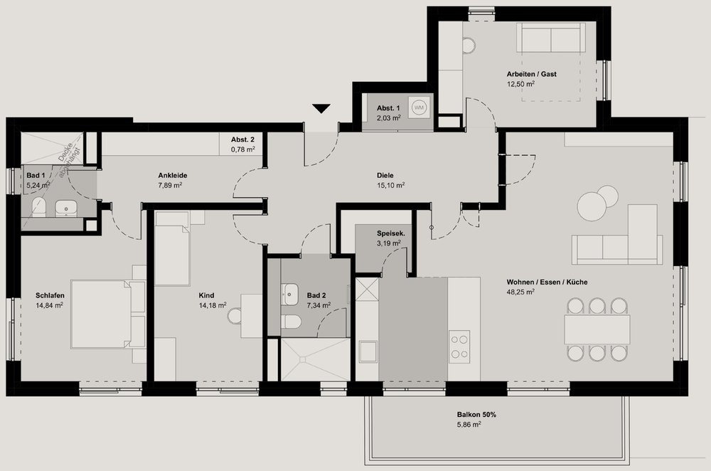 Grundriss Wohnung 2, 1. Obergeschoss, 4 Zimmer