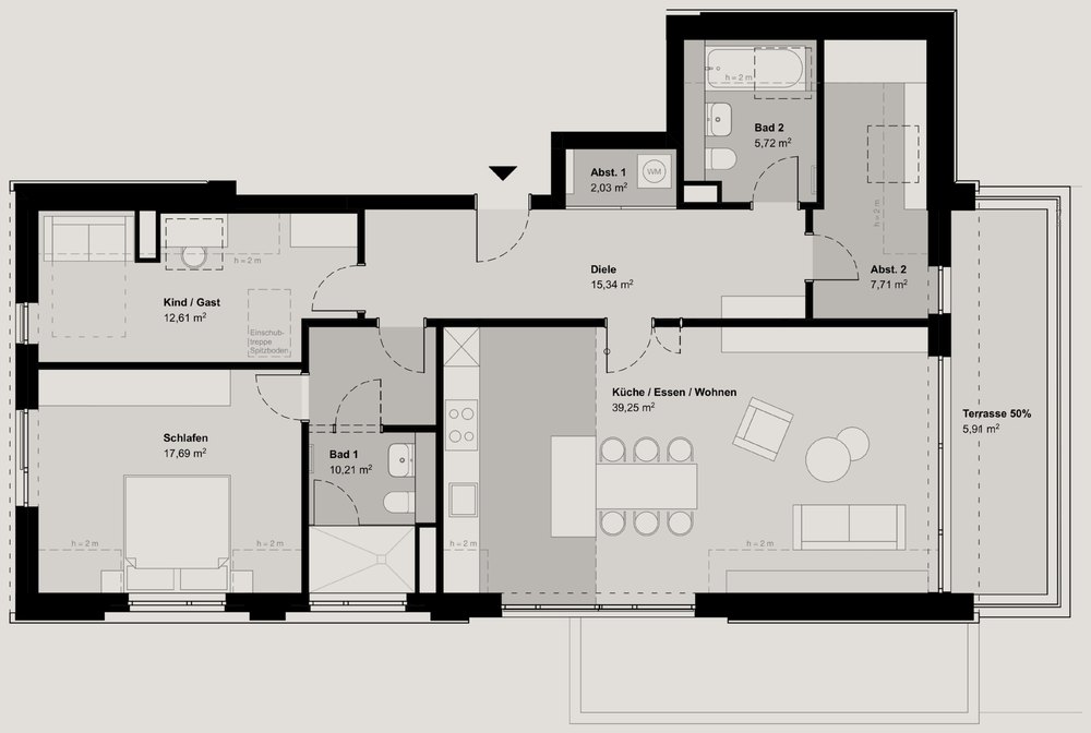Grundriss Wohnung 3, Dachgeschoss, 3 Zimmer
