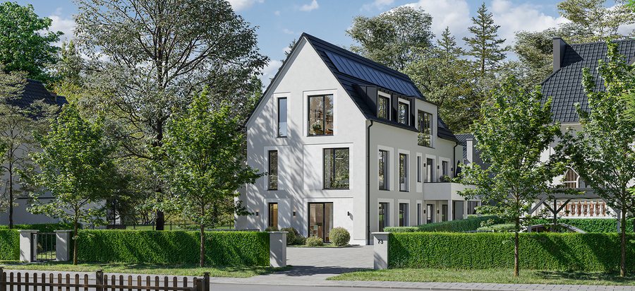 Straßenansicht mit Zufahrt und Hecke