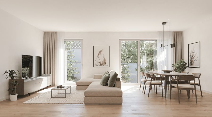 Wohnzimmer mit Sofa, Esstisch und bodentiefen Fenstern